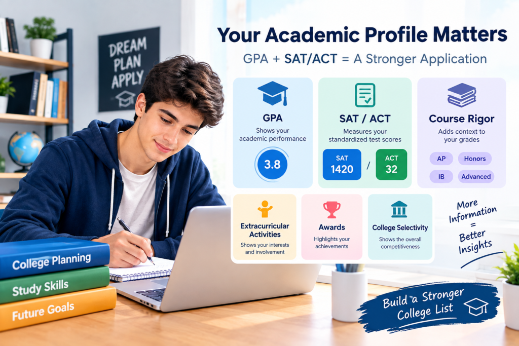 College academic profile showing GPA, SAT ACT scores, course rigor, activities, and awards