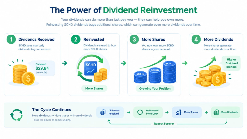 SCHD dividend reinvestment process showing dividends becoming additional shares