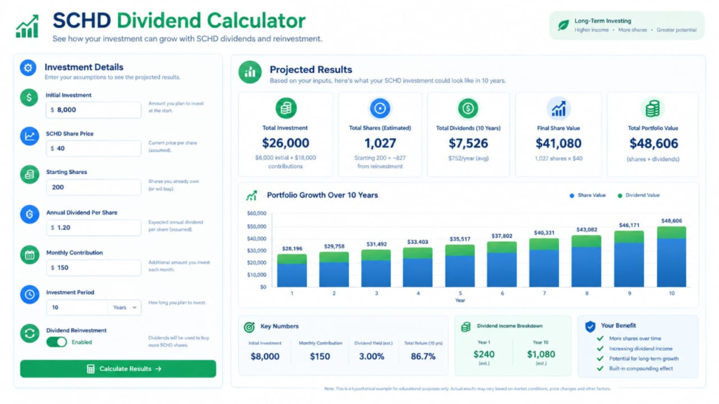 SCHD dividend calculator example with $8,000 investment and monthly contributions