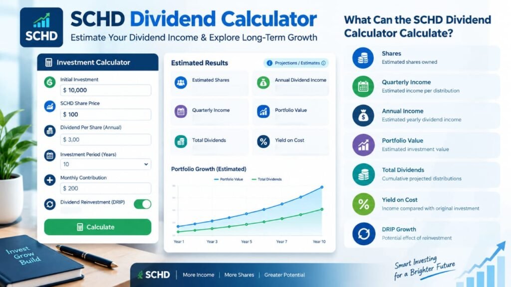 SCHD dividend calculator dashboard showing estimated dividend income, shares, portfolio value, and DRIP growth