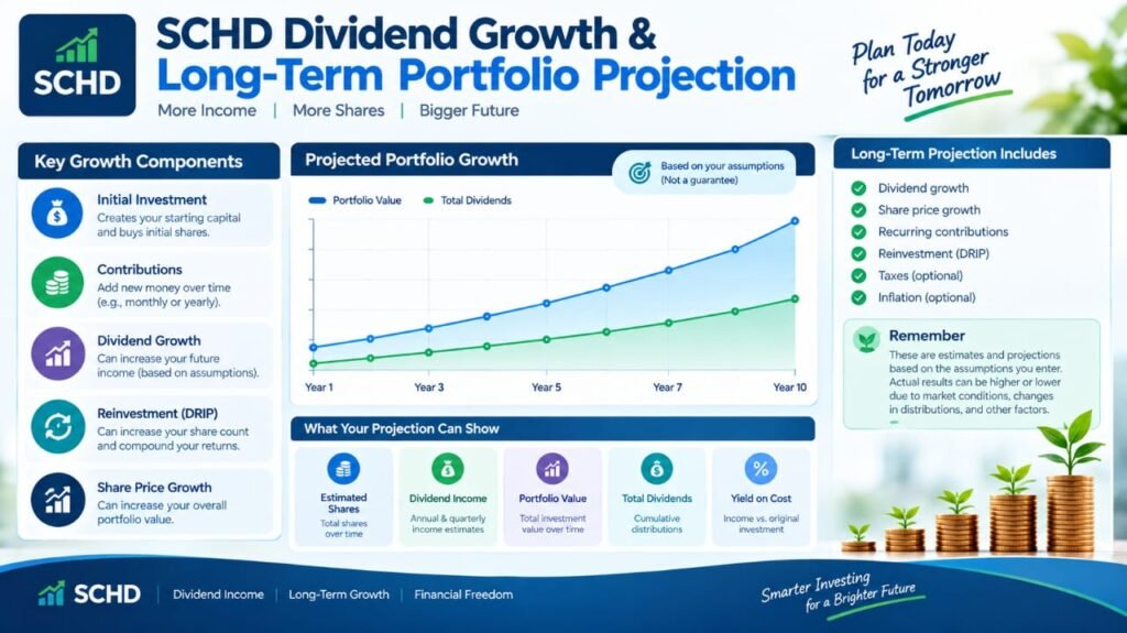 SCHD dividend growth and long-term portfolio projection with estimated dividend income and portfolio value