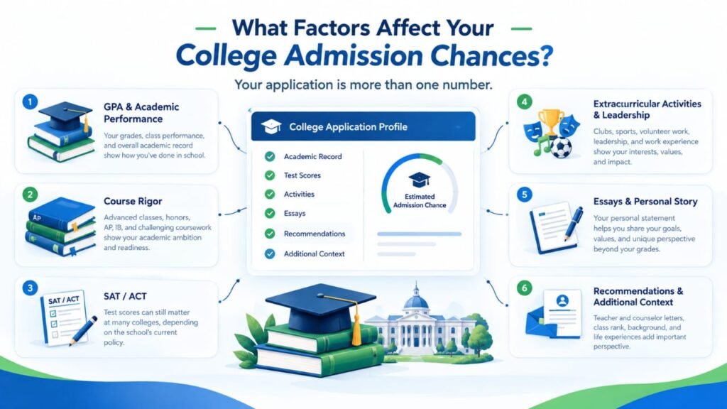 Factors affecting college admission chances including GPA, test scores, course rigor, and activities